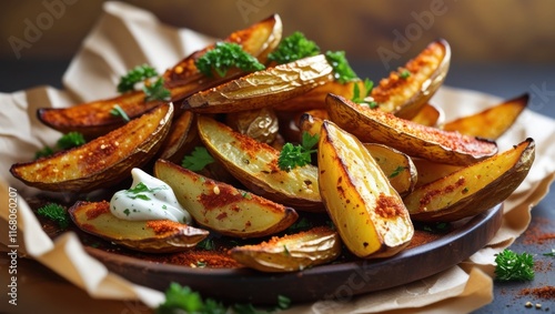 A golden-brown serving of roasted potato wedges, crispy on the outside and fluffy on the inside, seasoned with a blend of aromatic spices, including paprika, garlic, and chili powder, arranged artfull photo