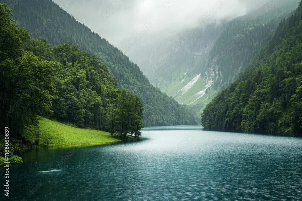 Fototapeta premium Rainy day, lake nestled in verdant mountains.