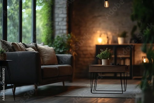 Industrial loft-style living room with minimalist furniture and blurred background for calm vibes  photo