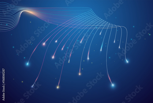 Vector abstract light lines wavy flowing dynamic in blue colors isolated on black background for concept of AI technology,