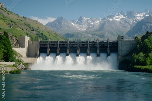 Majestic Hydroelectric Dam Surrounded by Stunning Mountain Landscape with Cascading Water and Clear Blue Sky on a Bright Sunny Day photo