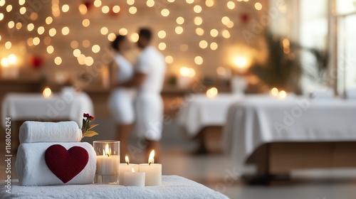 Romantic spa setting with candles and couple embracing in soothing ambience.