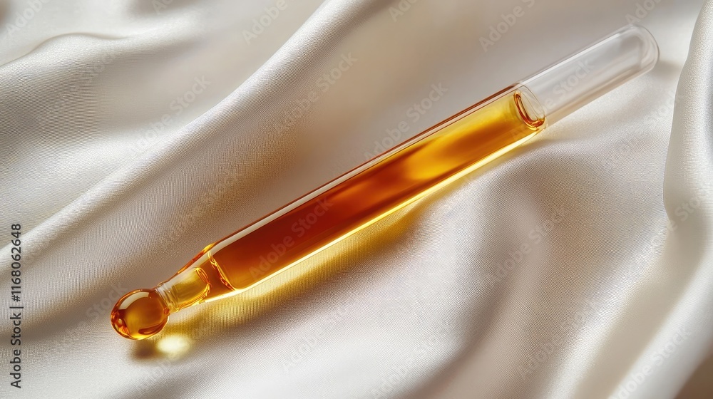 Naklejka premium Transparent glass dropper filled with golden liquid, resting elegantly on a soft satin fabric, capturing the beauty of cosmetics and essential oils in a luxurious setting