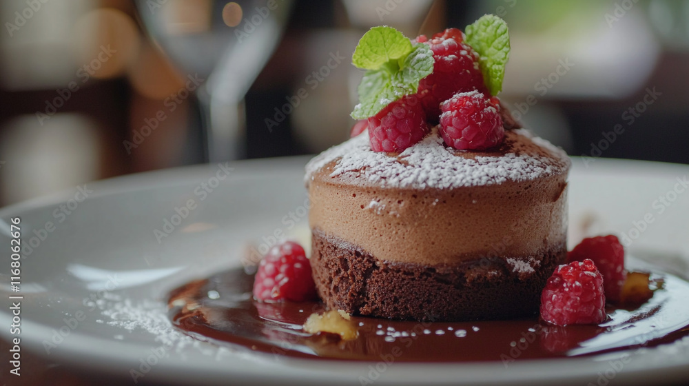Rich chocolate dessert garnished with fresh raspberries and mint leaves served in a restaurant