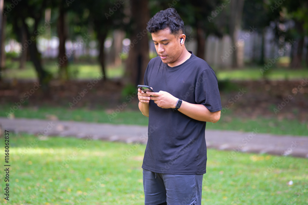 Asian runner with smartphone while running in the park. Sports athlete doing exercise for heart health, physical fitness and marathon training Asian runner with smartphone while running in the park. Sports athlete doing exercise for heart health, physical fitness and marathon training