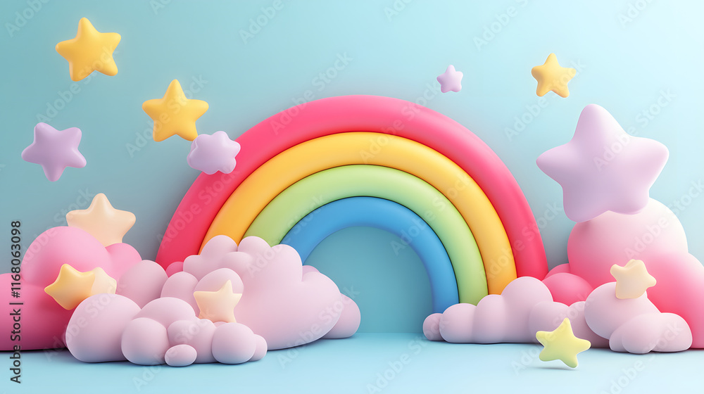 Cute cartoon background with a rainbow, clouds, and stars in pastel colors. Cute cartoon background with a rainbow, clouds, and stars in pastel colors.