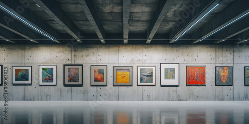 Modern art gallery with framed paintings on concrete wall, showcasing vibrant colors and diverse styles. spacious interior features polished floors and industrial lighting photo