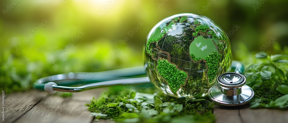 Crystal Earth with stethoscope on green Crystal Earth with stethoscope on green