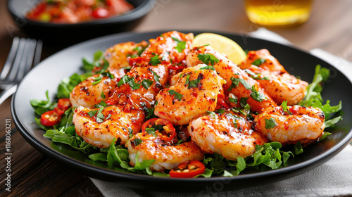 Spicy shrimp dish garnished with fresh herbs and lime, served on bed of greens. This vibrant plate is perfect for seafood lovers seeking bold flavors photo