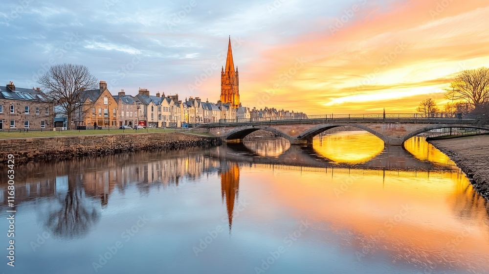 Naklejka premium Serene Sunset Over Historic Buildings and Reflection in Calm River with Majestic Spire