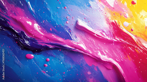 Dynamic abstract paint background showcasing riot of colors, featuring vibrant pink, blue, and yellow hues blending together in fluid motion