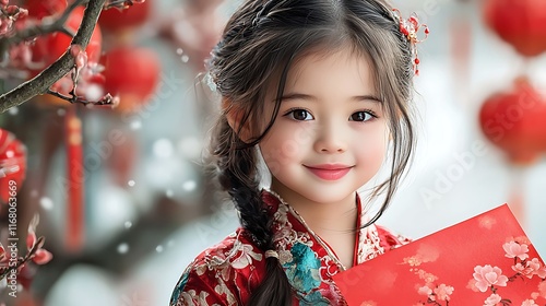 A joyful 3-year-old Asian girl with a round face wearing a red floral jacket and turquoise scarf, smiling innocently while holding a large red square paper, set against a soft winter morning.  photo