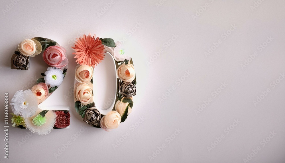 Number 20 with flowers on light backdrop, copy space. Generated image Number 20 with flowers on light backdrop, copy space. Generated image