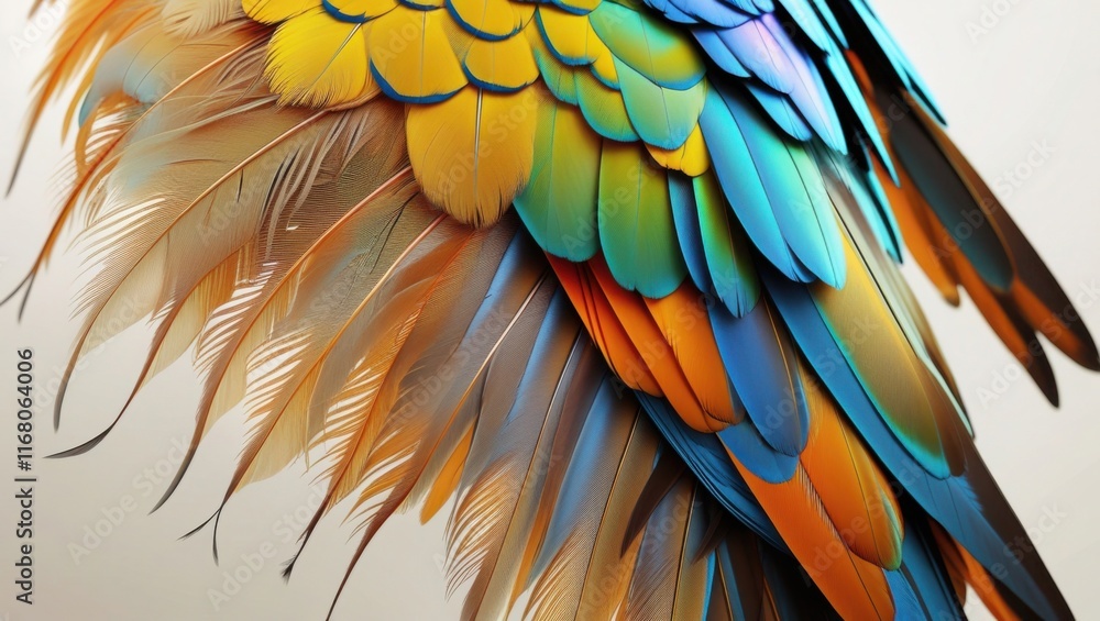 Obraz premium A highly detailed, close-up depiction of a parrot's tail feathers, showcasing the intricate patterns, vibrant colors, and subtle sheen, with the iridescent blues and emerald greens gradating into warm