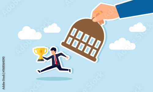 A hand opens a drum trap and frees a businessman carrying a trophy, illustration of freedom as a leading company in guiding and persuading the market
