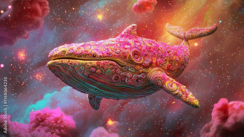 Fototapeta premium Colorful Abstract Whale Swimming in Cosmic Space with Vibrant Swirls and Patterns