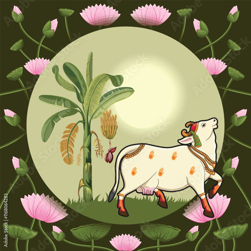 Indian Rajasthani Miniature art work Pichwai cow and tree
