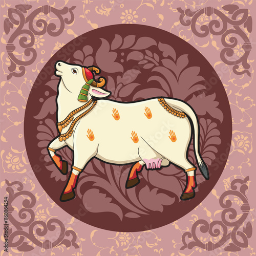 Indian Rajasthani Miniature art work Pichwai cow in round design