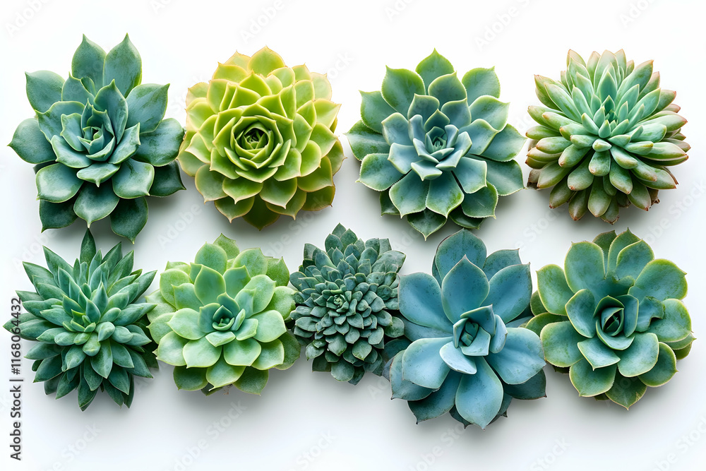 Ten succulents arranged in rows on white background. Ten succulents arranged in rows on white background.
