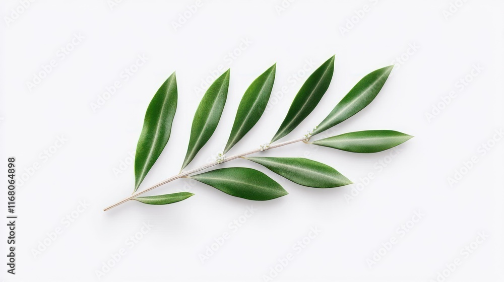 Obraz premium A green leaf branch with multiple elongated leaves on a white background.