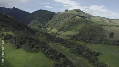 The vibrant greenery and scattered clouds add depth and texture to the scene, showcasing the pristine beauty of the Andes. Perfect for themes of nature, travel, and South American landscapes