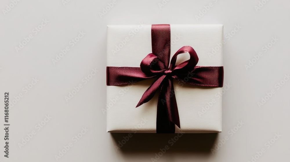 Elegant white gift box with a deep burgundy ribbon neatly tied in a bow, perfect for celebrations, holidays, and special occasions, showcasing simplicity and sophistication. Elegant white gift box with a deep burgundy ribbon neatly tied in a bow, perfect for celebrations, holidays, and special occasions, showcasing simplicity and sophistication.