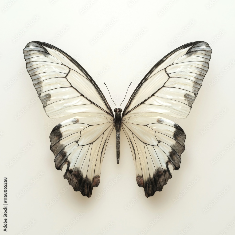 Delicate Butterfly with Translucent Wings and Elegant Black Patterns on Cream Background Delicate Butterfly with Translucent Wings and Elegant Black Patterns on Cream Background