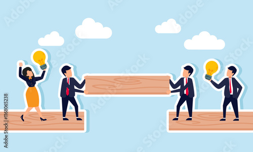 Two businessmen collaborate to complete board connections while two others hold lamps, illustration of teamwork in build a business alliance or joint venture with ideas