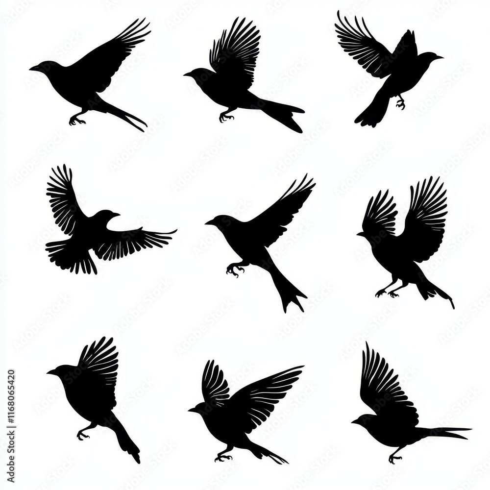 Collection of Silhouette Birds in Various Flight Poses Against a White Background Collection of Silhouette Birds in Various Flight Poses Against a White Background