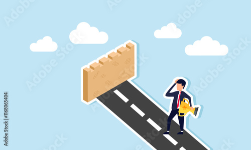 A businessman carrying a trophy looks confused by a wall blocking the path, illustration of thinking about ways to become a leading company