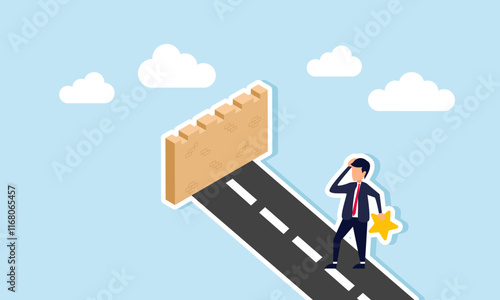 A businessman carrying a star looks confused by a wall blocking the path, illustration of thinking about ways to improve business quality