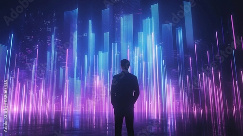 Businessman displaying a financial growth concept with futuristic holographic graphs.