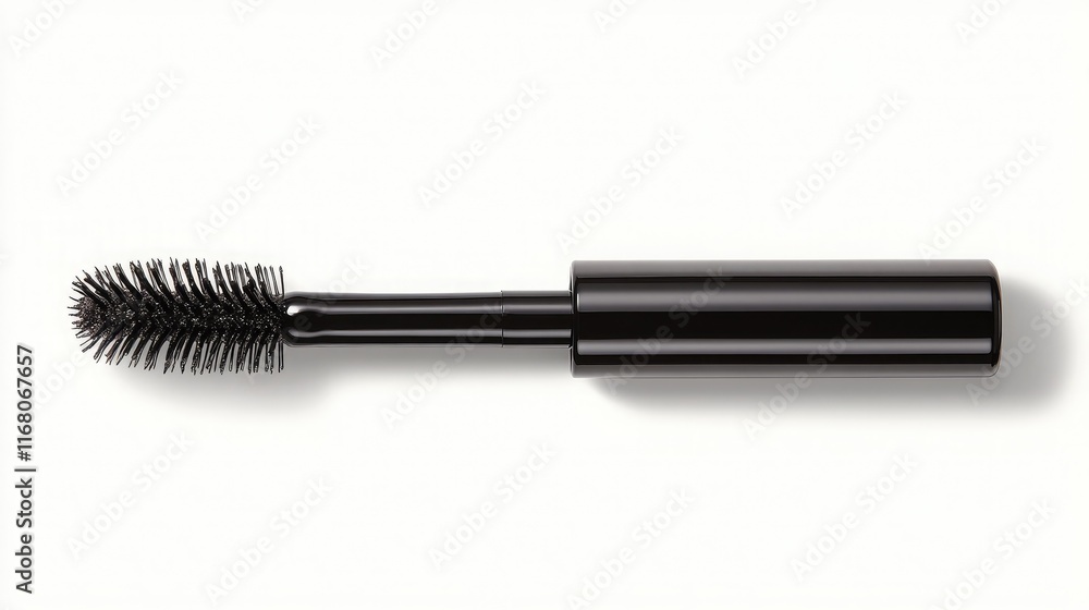 Sleek and Shiny Black Mascara Wand with Brush on a Clean White Background for Beauty Product Promotion and Cosmetic Marketing Sleek and Shiny Black Mascara Wand with Brush on a Clean White Background for Beauty Product Promotion and Cosmetic Marketing