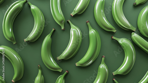 Green plantains on vibrant green background create fresh and lively composition. arrangement showcases smooth texture and unique shape of plantains, evoking sense of abundance and nature