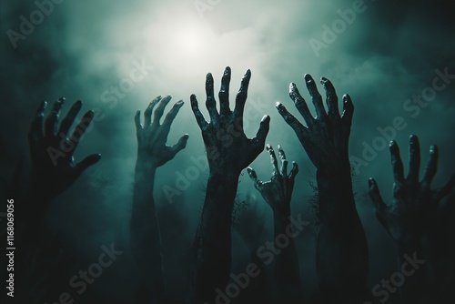 Creepy zombie hands rising into the dark Halloween night, perfect for spooky themes.