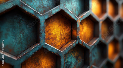 Textured hexagonal pattern with mix of blue and orange hues, showcasing rustic and industrial feel. surface exhibits weathered look, enhancing its visual appeal