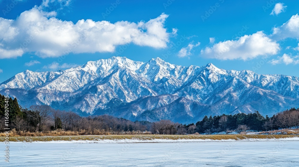 The Ushiro-Tateyama mountains blanketed in fresh snow, with sharp peaks and ridges standing in stark contrast to the blue winter sky The Ushiro-Tateyama mountains blanketed in fresh snow, with sharp peaks and ridges standing in stark contrast to the blue winter sky