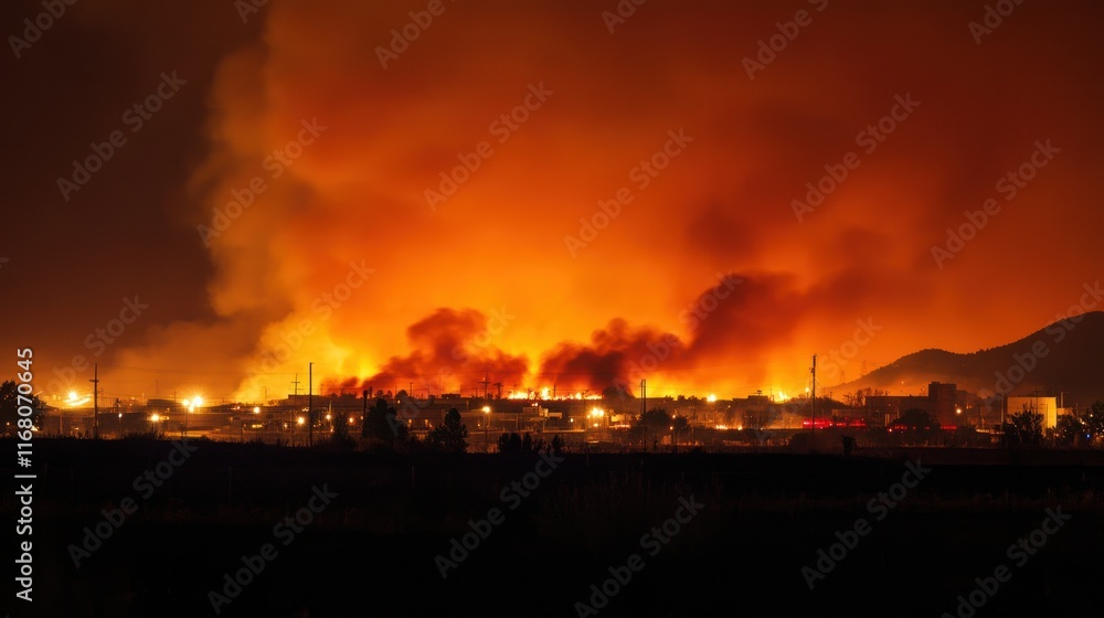 Fototapeta premium Thick plumes of smoke rise from the Mountain Fire, casting an orange glow over the landscape as high winds fan the flames