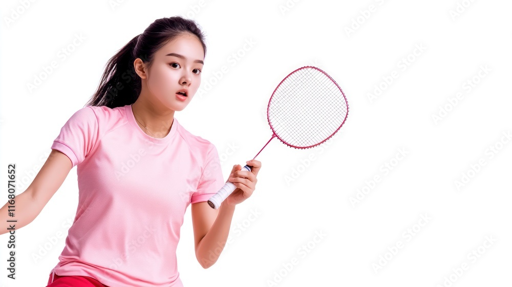 Young woman playing badminton, focused and in action. Young woman playing badminton, focused and in action.