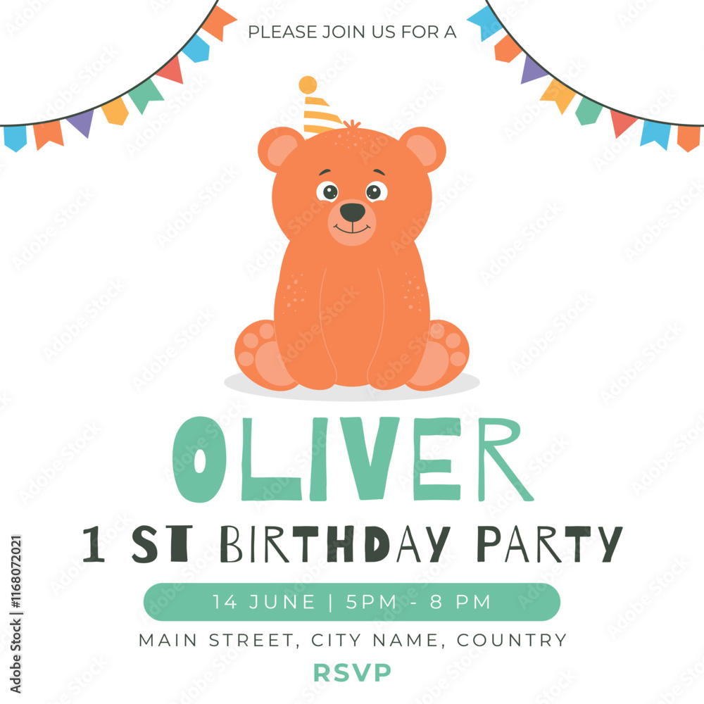 Greeting and invitation card for kids 1st Birthday party. Cute baby bear in flat childrens style. Vector illustration, design for card, poster, event Greeting and invitation card for kids 1st Birthday party. Cute baby bear in flat childrens style. Vector illustration, design for card, poster, event