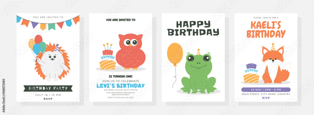 Fototapeta Happy birthday posters set with cute little owl, hedgehog, frog, fox, balloons, cake, candles, hat. Birthday party vector illustration for greeting card, invitation, banner and more