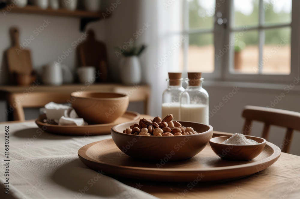 Minimalist food and tea scene wooden table Minimalist food and tea scene wooden table