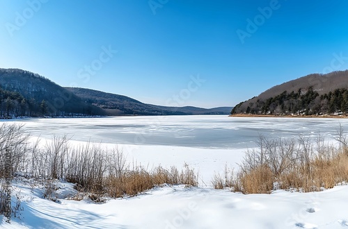 Winter Landscape Frozen Lake Scenic View Cold Environment Panoramic Perspective photo