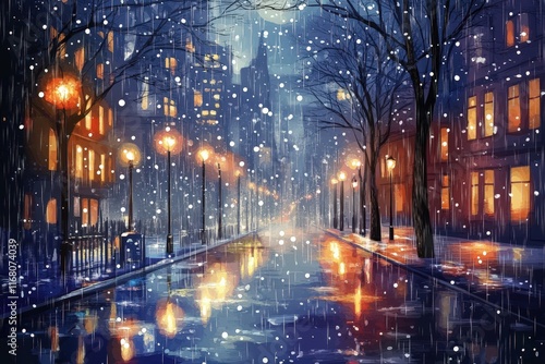 A Rainy Night City Street Scene With Snow Falling