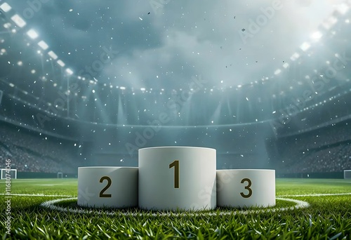 A dramatic image of a winners' podium on a soccer field