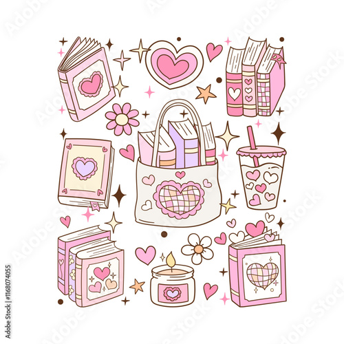 Draw vector illustration pink groovy valentine bookish Trendy retro book lover Printable for shirt Doodle cartoon style