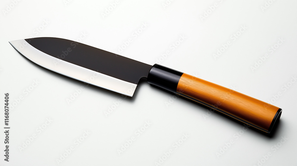 Sharp Japanese Chef's Knife with Wooden Handle on White Background Sharp Japanese Chef's Knife with Wooden Handle on White Background