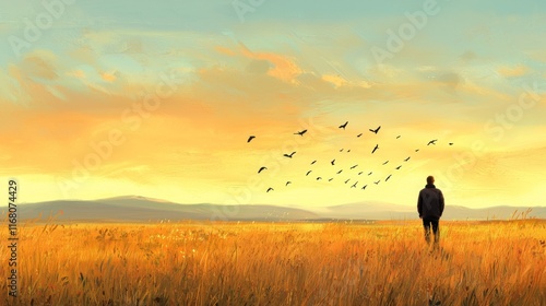 Solo walker embracing nature's serenity at sunset scenic landscape tranquil environment reflective viewpoint