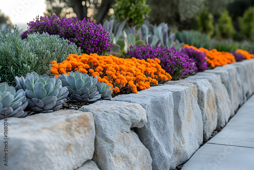 Vibrant orange and purple flowers blooming in a stone retaining wall garden.