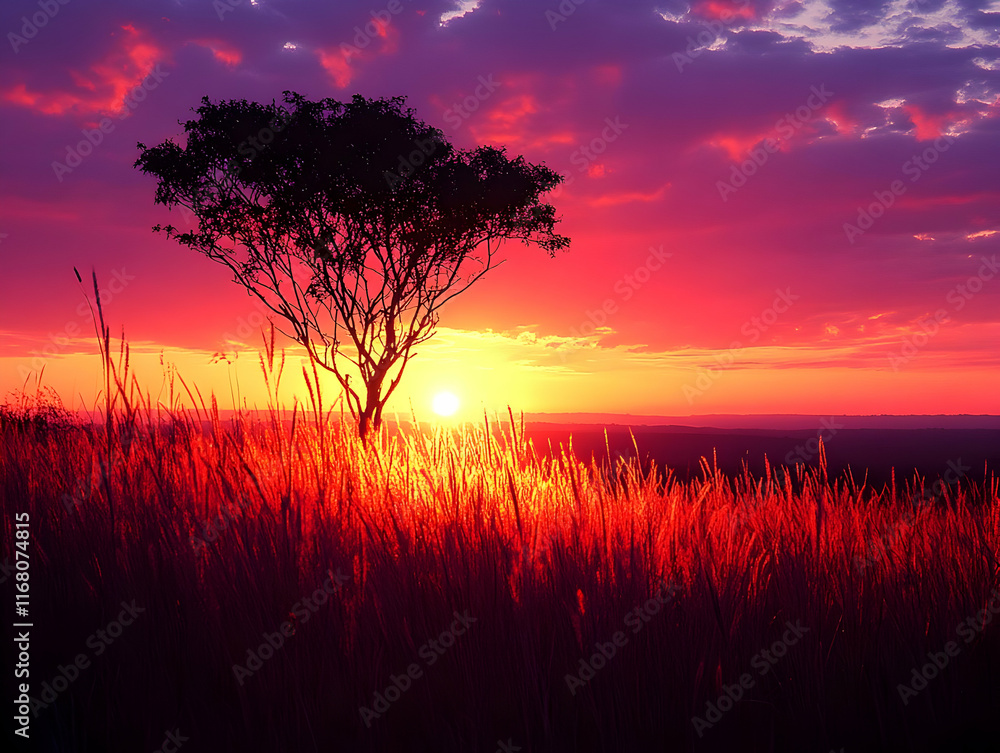Obraz premium Vibrant sunset over savanna grassland with lone tree silhouetted against fiery sky.